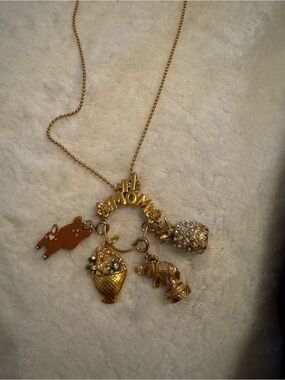 Vintage Gold Tone 'Mom' Charm Necklace with Pineapple, Elephant & Floral Basket